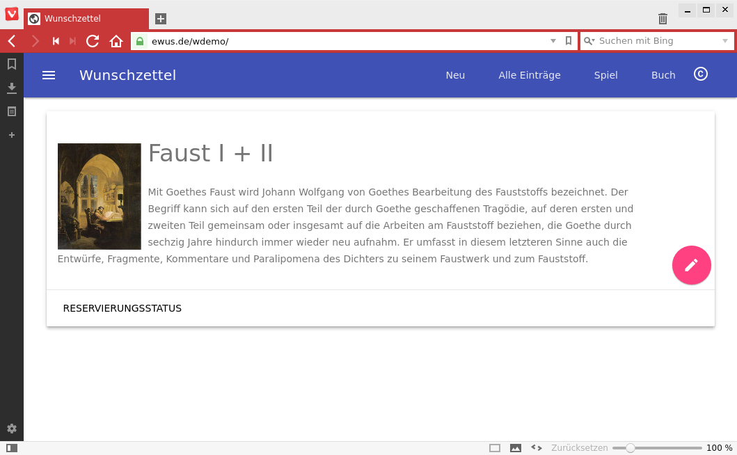 Detailansicht eines Wunschzetteleintrags